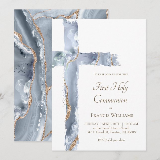 Invitation First Holy Communion blue agate Holy Cross (Devant / Derrière)