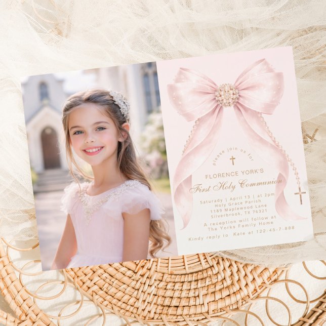 Invitation First Holy Communion Blush Pink Bow Christian (Créateur téléchargé)