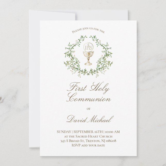 Invitation First Holy Communion chalice greenery crest (Devant)