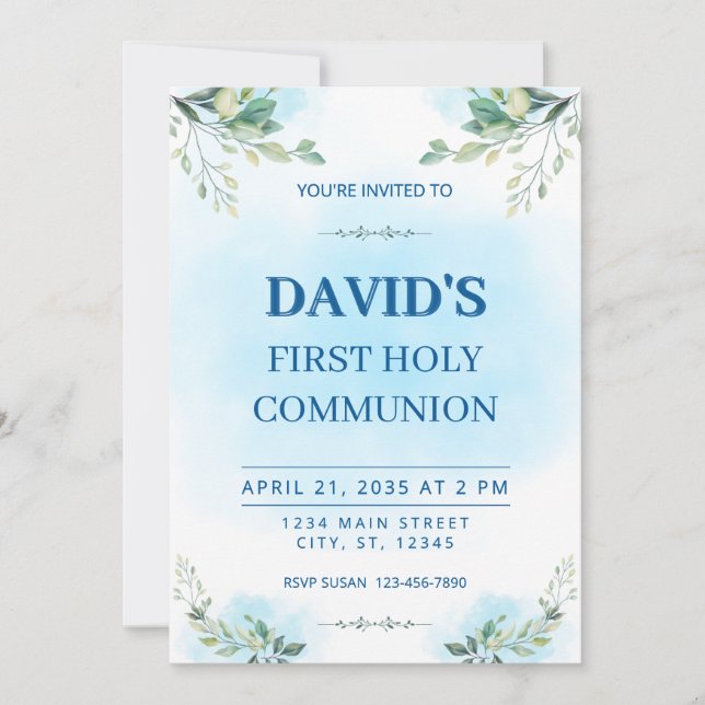 Invitation First Holy Communion Watercolor Greenery Blue  (Devant)