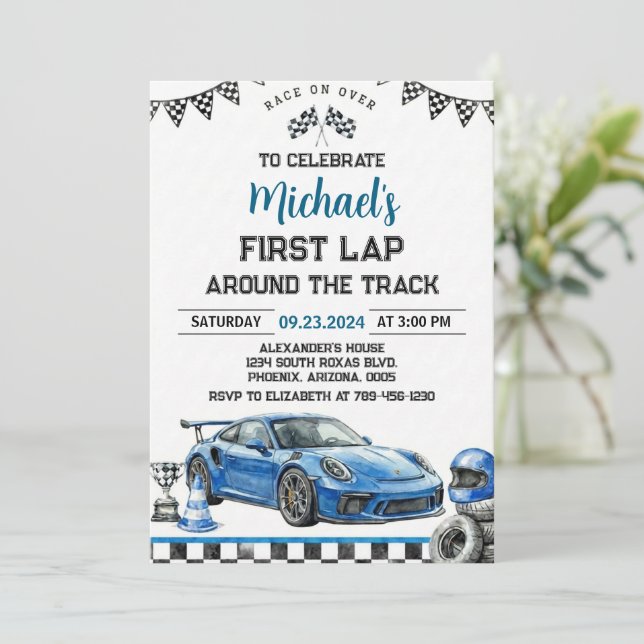 Invitation First Lap Around The Track Race Car 1st Birthday (Debout devant)