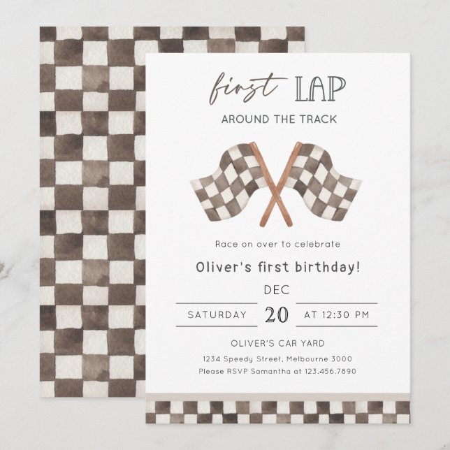 Invitation First Lap Racing 1st Birthday Party  (Devant / Derrière)