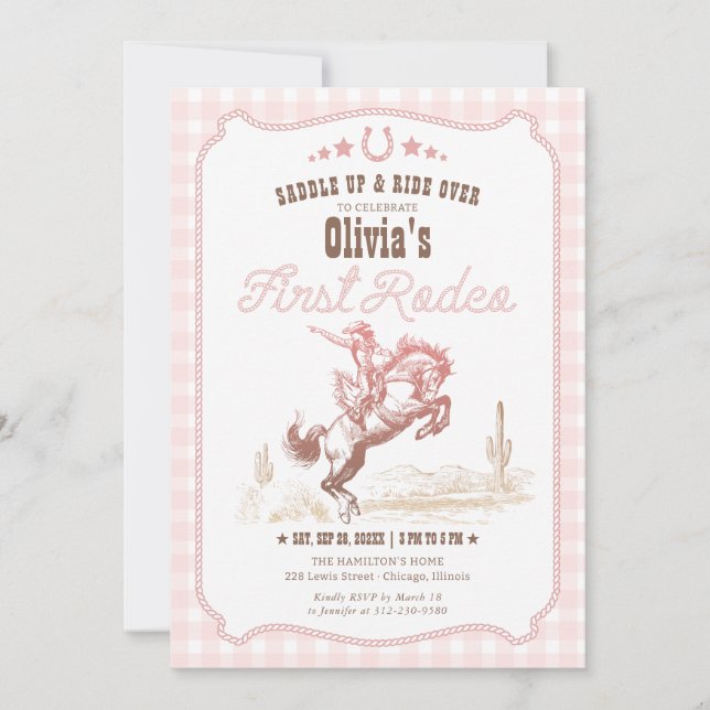 Invitation First Rodeo 1st Birthday Pink Western (Devant)