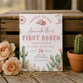 Invitation First Rodeo Girl Birthday Invitation, Pink Western