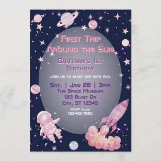 Invitation First Trip, Pink Purple Space 1st Birthday 