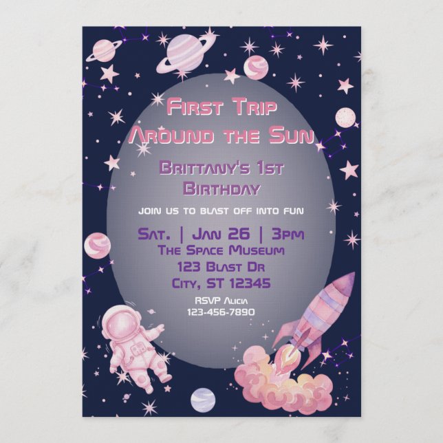 Invitation First Trip, Pink Purple Space 1st Birthday  (Devant)