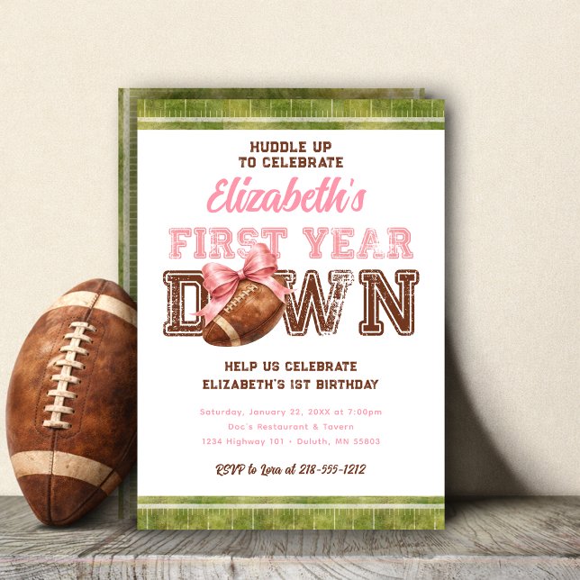 Invitation First Year Down Football Girly 1st Birthday (First Year Down Football Girly 1st Birthday Invitation)