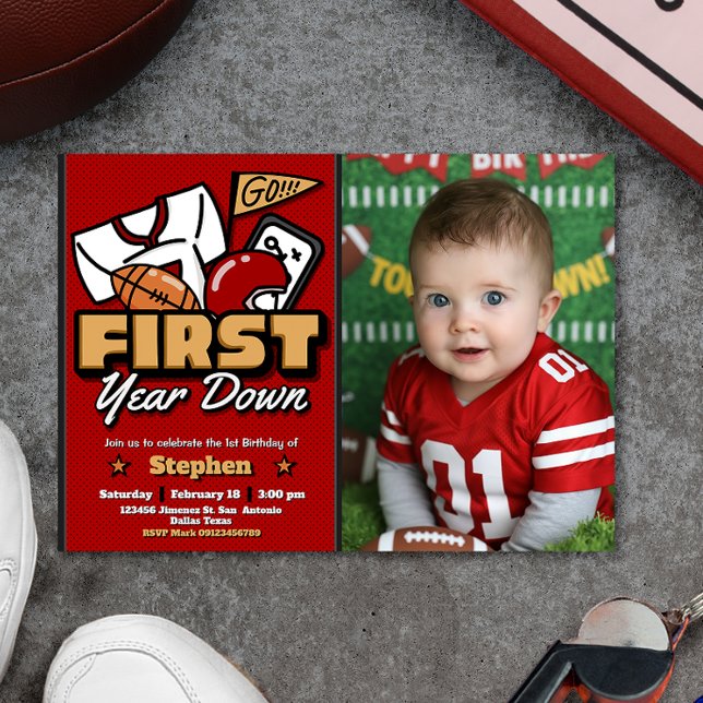 Invitation First Year Down - Football with Photo Landscape (First Year Down - Football with Photo Landscape Invitation)