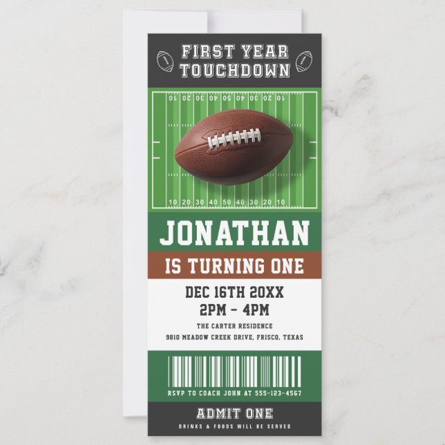 Invitation First Year Touchdown Football Ticket 1st Birthday (Devant)