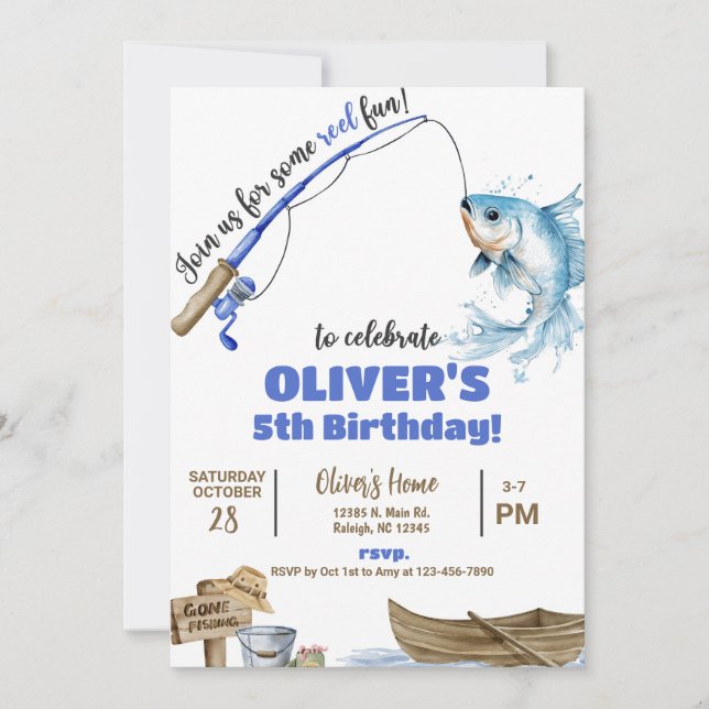 Invitation Fisherman / fishing boy reel fun birthday invite. (Devant)
