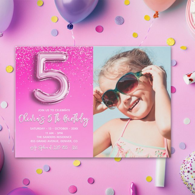 Invitation "Five and Fabulous Pink Glitter Birthday Photo (Créateur téléchargé)