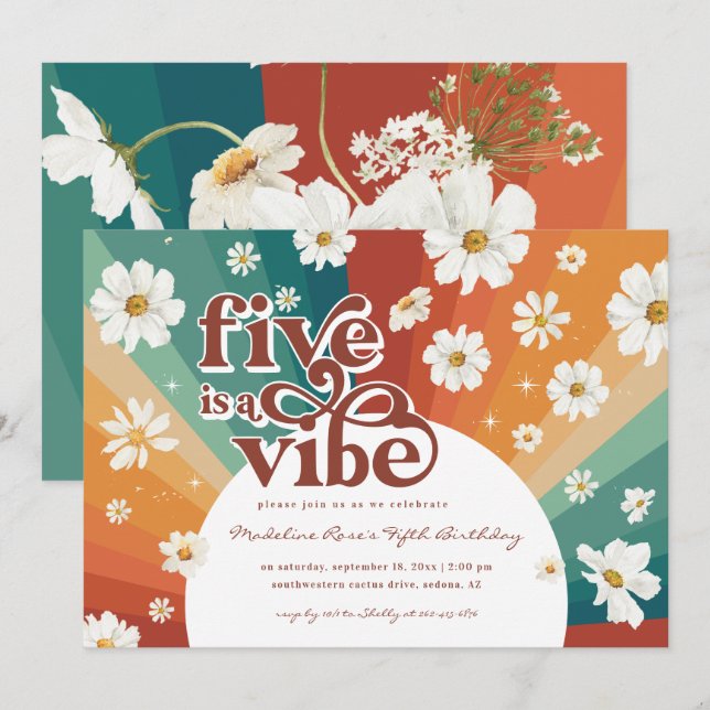 Invitation Five est un Vibe 5e anniversaire | Retro Daisy Rai (Devant / Derrière)