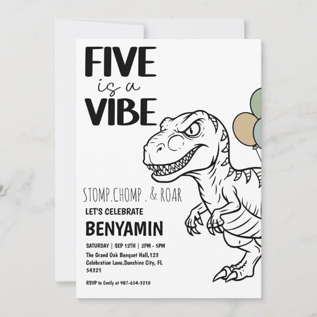 Invitation Five est Vibe Dinosaur Boy Birthday Party (Devant)