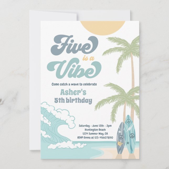 Invitation Five Is A Vibe Retro Surf Beach Anniversaire Fête (Devant)