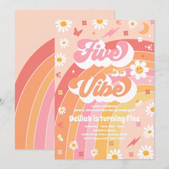 Invitation Five Is A Vibe Super Hippie Rainbow 5Anniversaire (Devant / Derrière)