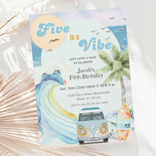 Invitation Five is a Vibe Surf Beach Retro Cinquième annivers (Créateur téléchargé)