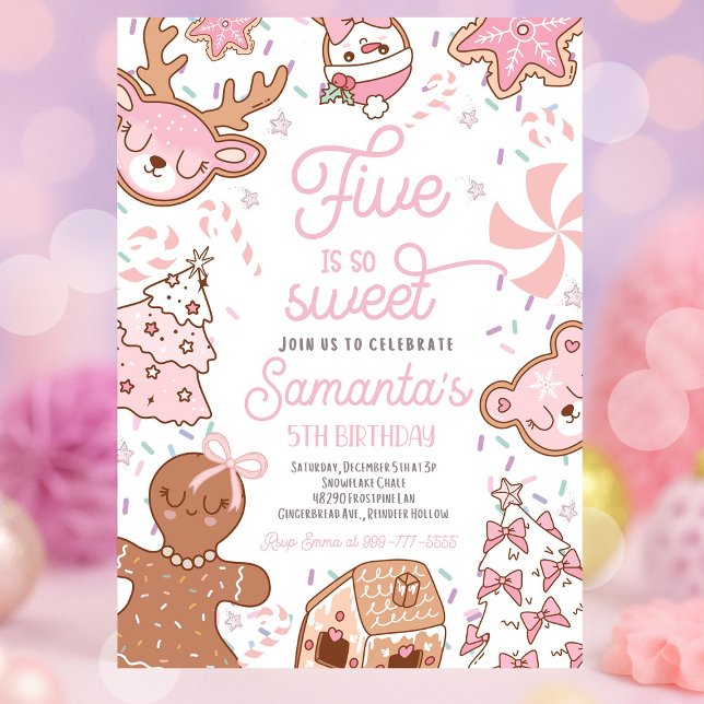 Invitation Five Is So Sweet Christmas Cookie Anniversaire fêt (Five Is So Sweet girl Christmas cookie birthday party with festive holiday décor, colorful cookies, )