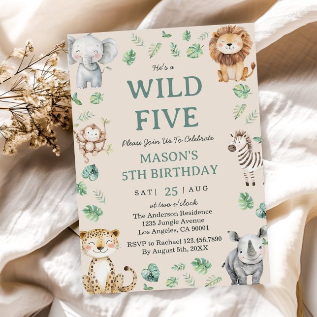 Invitation Five Wild Jungle Safari Animals 5th Birthday Theme (Créateur téléchargé)