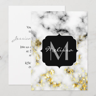 Invitation Flacon brillant en marbre noir et blanc Monogramme