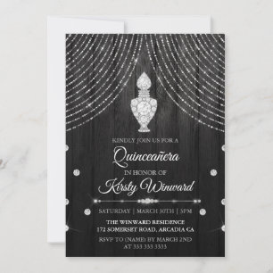 Invitation Flacon de parfum diamant noir argenté Quinceanera