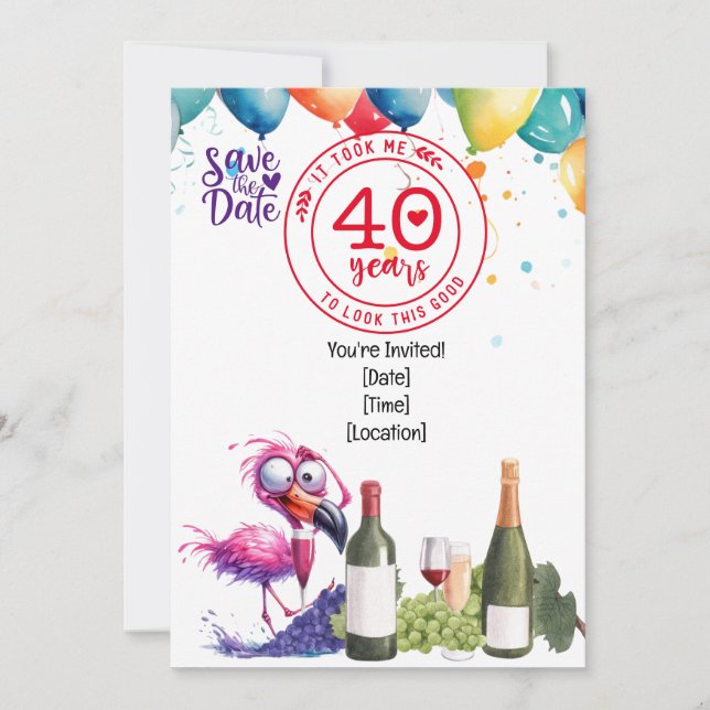 Invitation Flamant rose 40e anniversaire drôle dire pour la f (Devant)