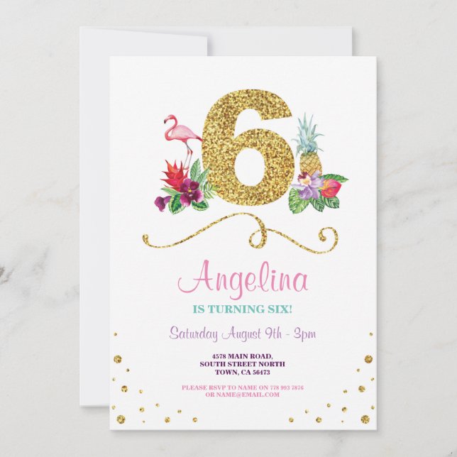 Invitation Flamant rose Aloha Sixième 6ème Six Anniversaire I (Devant)