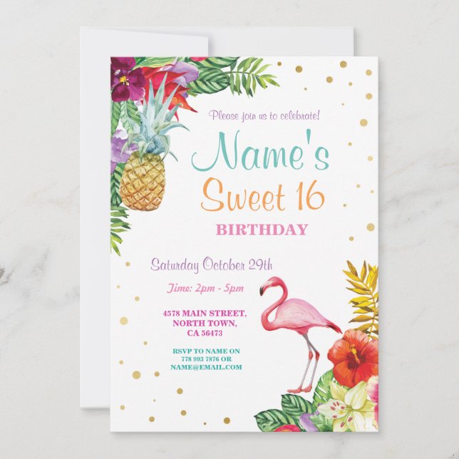 Invitation Flamant rose Aloha Sweet 16 Anniversaire Invitatio (Devant)