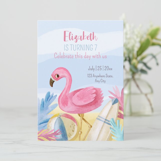 Invitation Flamant rose Anniversaire Invitation, Pool Party a (Debout devant)