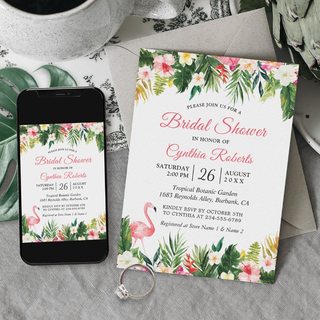 Invitation Flamant rose aquarelle Fête des mariées florale tr (Créateur téléchargé)