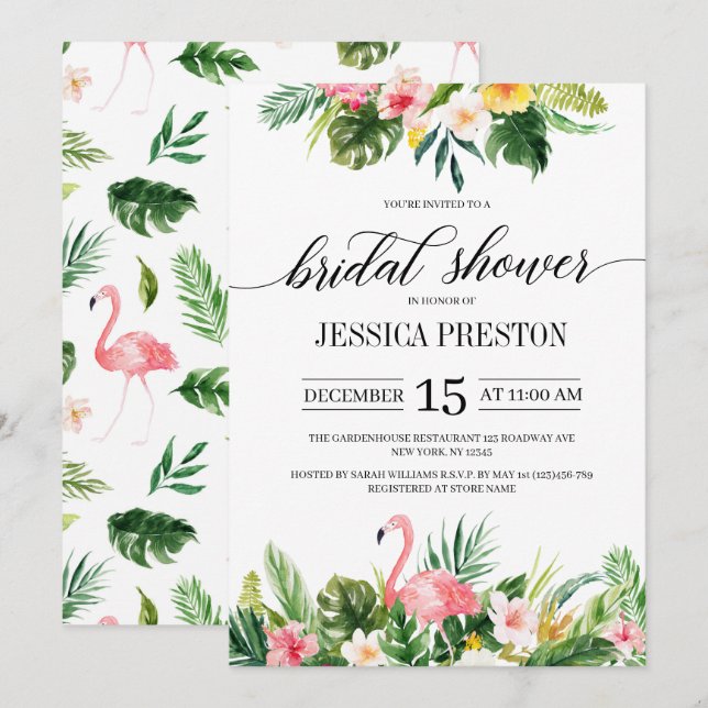 Invitation Flamant rose aquarelle Fête des mariées florale tr (Devant / Derrière)