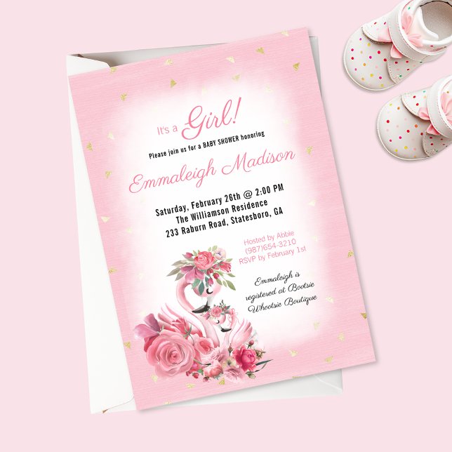 Invitation Flamant rose Aquarelle rose Baby shower Ballerina (Créateur téléchargé)