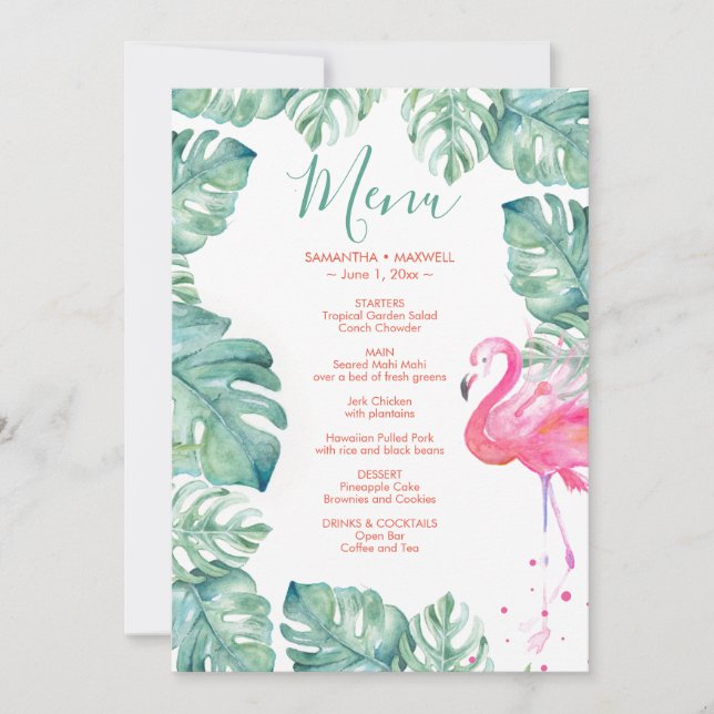 Invitation Flamant rose Aquarelle Tropical Menu (Devant)