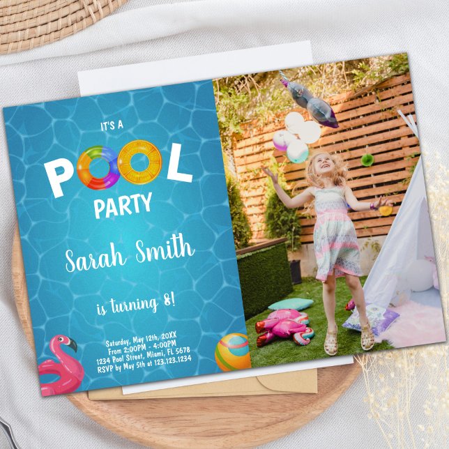 Invitation Flamant rose aquatique piscine Anniversaire Invita (Water Flamingo Pool Birthday Invitations photo)