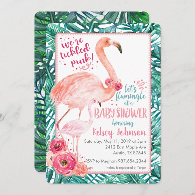 Invitation Flamant rose Baby shower (Devant / Derrière)