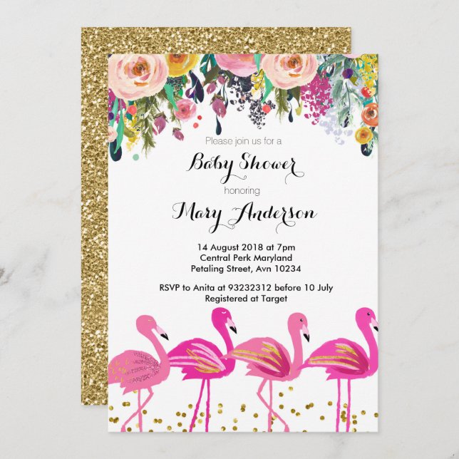 Invitation Flamant rose Baby shower rose (Devant / Derrière)