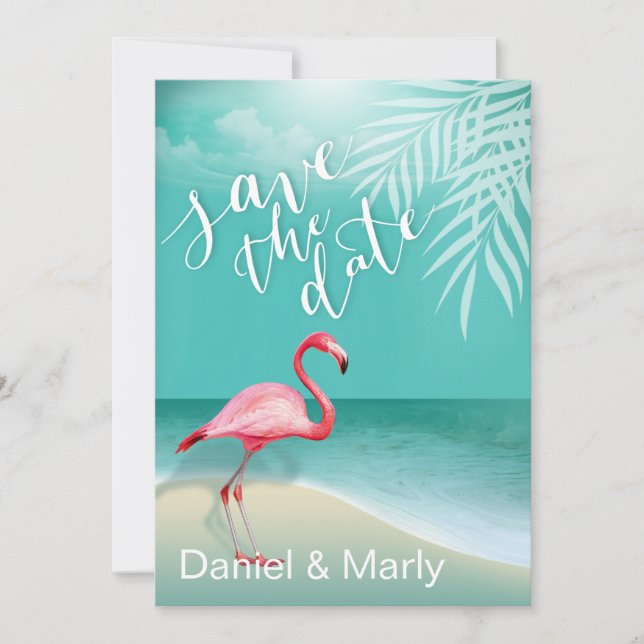Invitation Flamant rose Beach Enregistrer la date | aqua (Devant)