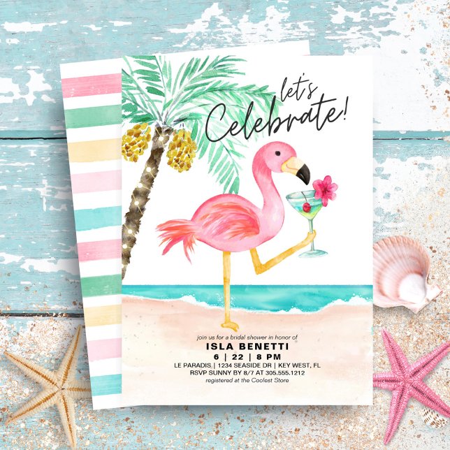 Invitation Flamant rose Beach Fête des mariées tropicale (Créateur téléchargé)