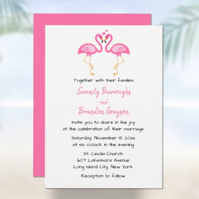 Invitation Flamant rose Beach Pink Hawaiian Pink Mariage trop (Créateur téléchargé)