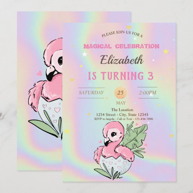 Invitation Flamant rose bébé, Anniversaire holographique (Devant / Derrière)