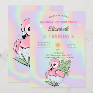 Invitation Flamant rose bébé, Anniversaire holographique