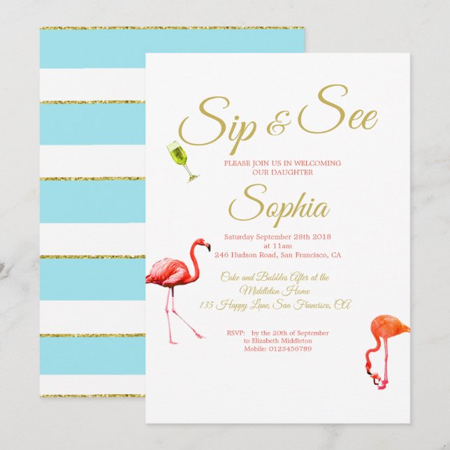 Invitation Flamant rose Bébé Bleu Bleu Stripe et voir (Devant / Derrière)