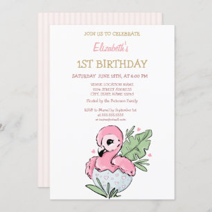 Invitation Flamant rose bébé mignon rayé Anniversaire