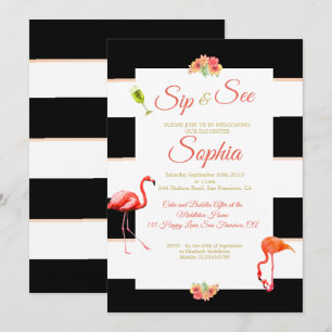 Invitation Flamant rose Bébé Noir rose Trappe et voir