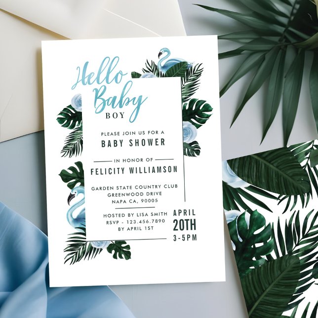 Invitation Flamant rose bleu tropical Baby shower Rose Invita (Tropical Blue Flamingo Rose Baby Shower Invitation)