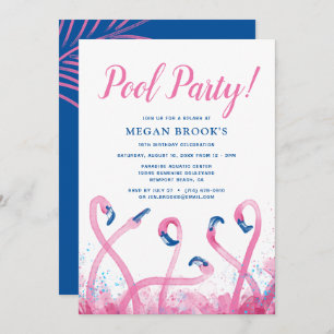 Invitation Flamant rose bleu tropical rose 18e piscine Annive