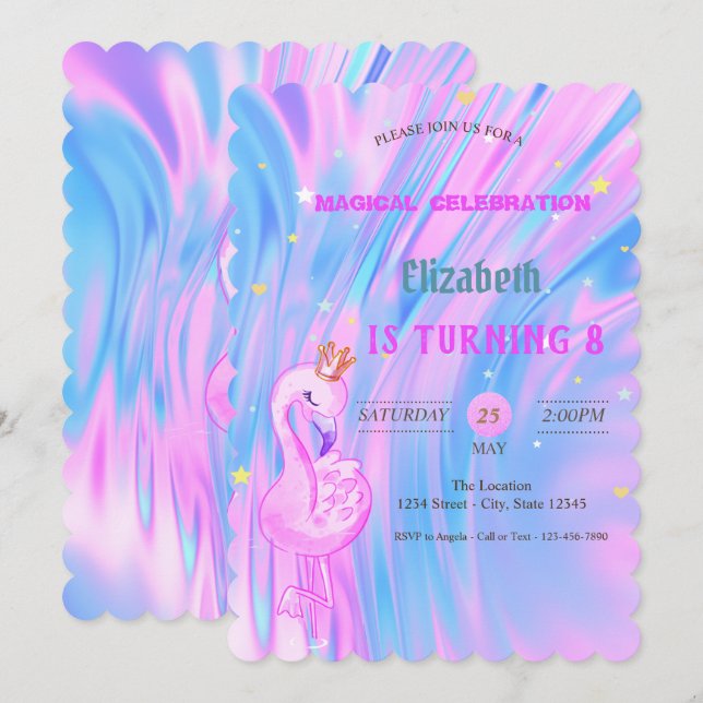 Invitation Flamant rose, Couronne Ombre Holographique Opal An (Devant / Derrière)