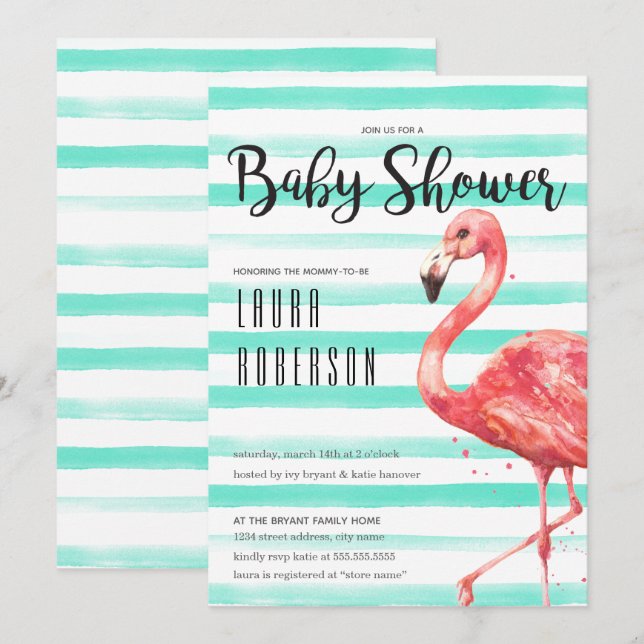 Invitation Flamant rose d'aquarelle | BABY SHOWER (Devant / Derrière)
