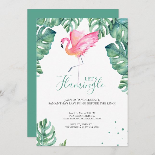 Invitation Flamant rose d'aquarelle Bachelorette (Devant / Derrière)