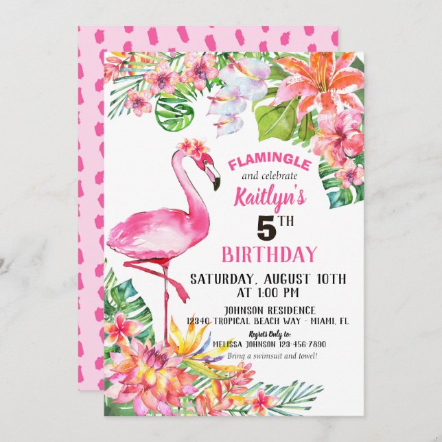 Invitation Flamant rose d'aquarelle et anniversaire tropical  (Devant / Derrière)
