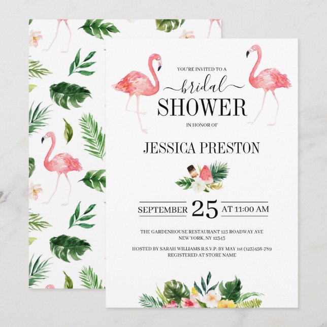 Invitation Flamant rose d'aquarelle Fête de l'mariée florale  (Devant / Derrière)